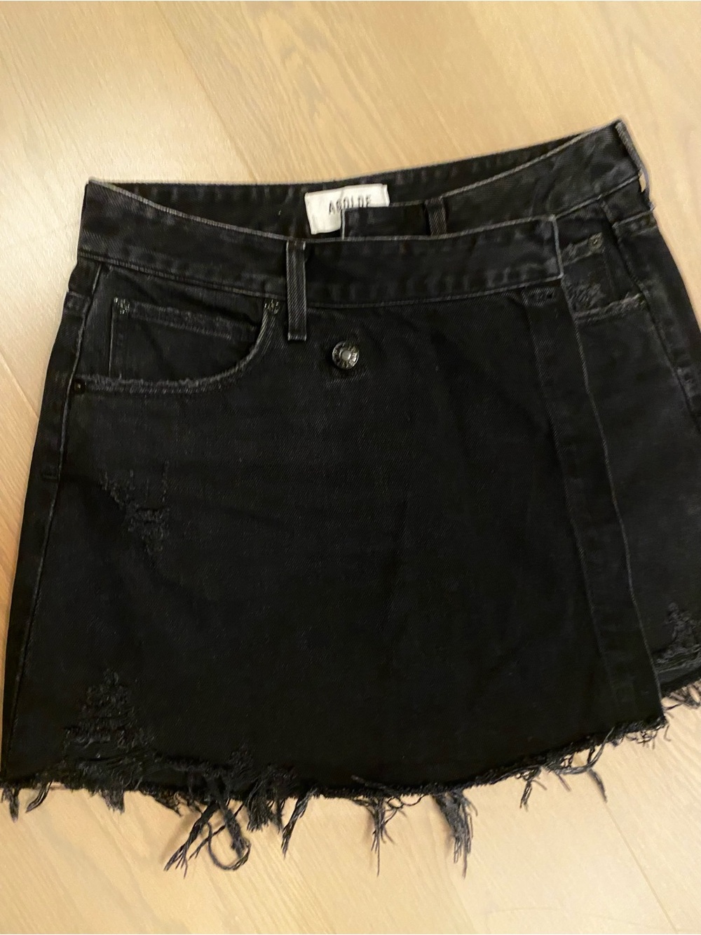 Agolde Black Distressed Asymmetrical Denim Mini Skirt
